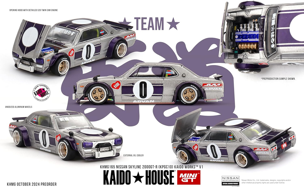 ماکت نیسان اسکای لاین 2000 GT-R (KPGC10) Kaido Works V1 رنگ نقره‌ای/بنفش مقیاس 1:64 از مینی جی تی Mini GT (کایدو هاوس Kaido House)